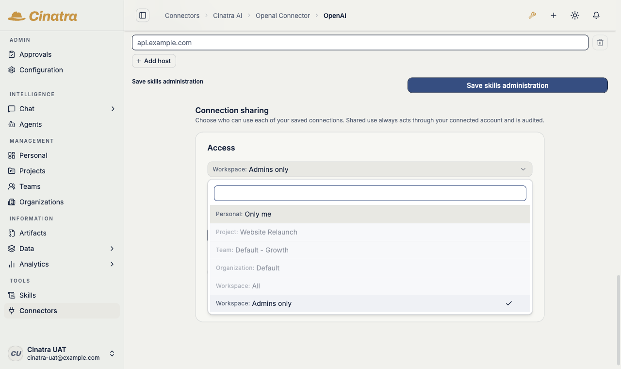 The locked scope picker on the OpenAI connector: the picker sits at Workspace: Admins only, and the Project, Team, Organization, and Workspace: All options are greyed out