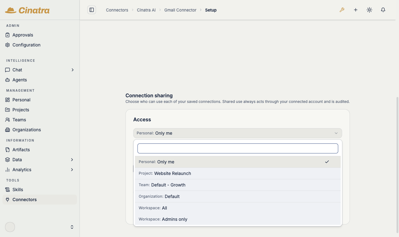 The scope picker on the Gmail connector page: six scopes — Personal, Project, Team, Organization, Workspace, and Admins only — with the connector's recommendation, Personal, pre-selected