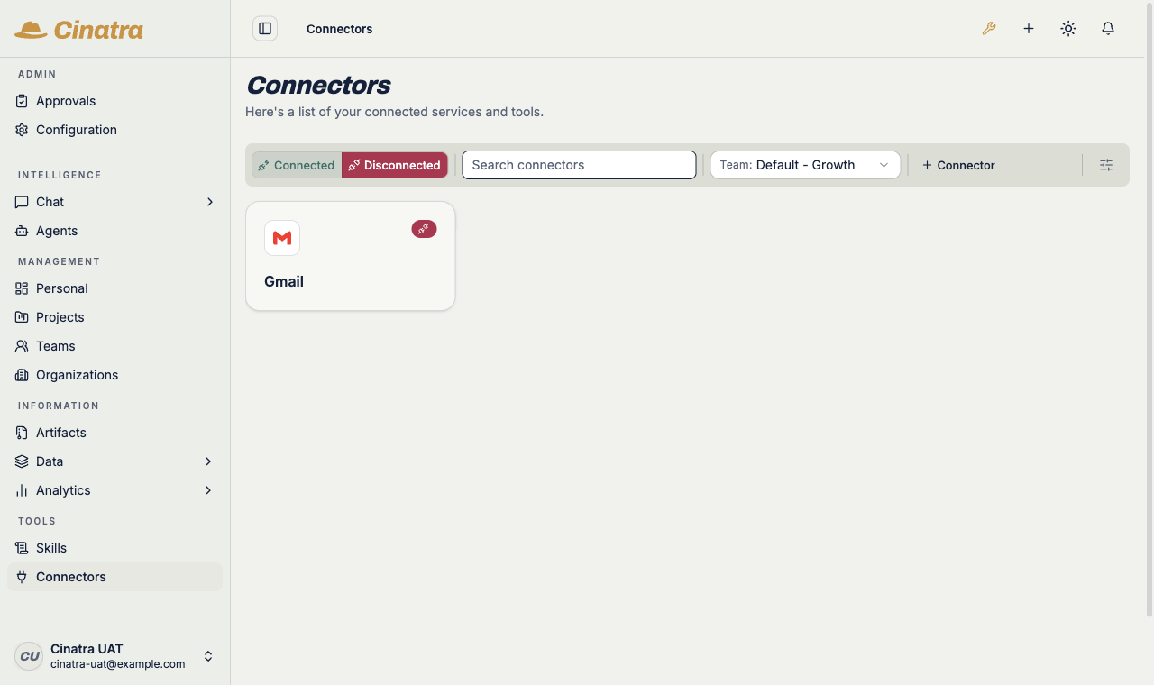 The connectors page filtered by a concrete team: the scope filter reads Team: Default - Growth and the grid narrows to the one connector with a connection granted to that team